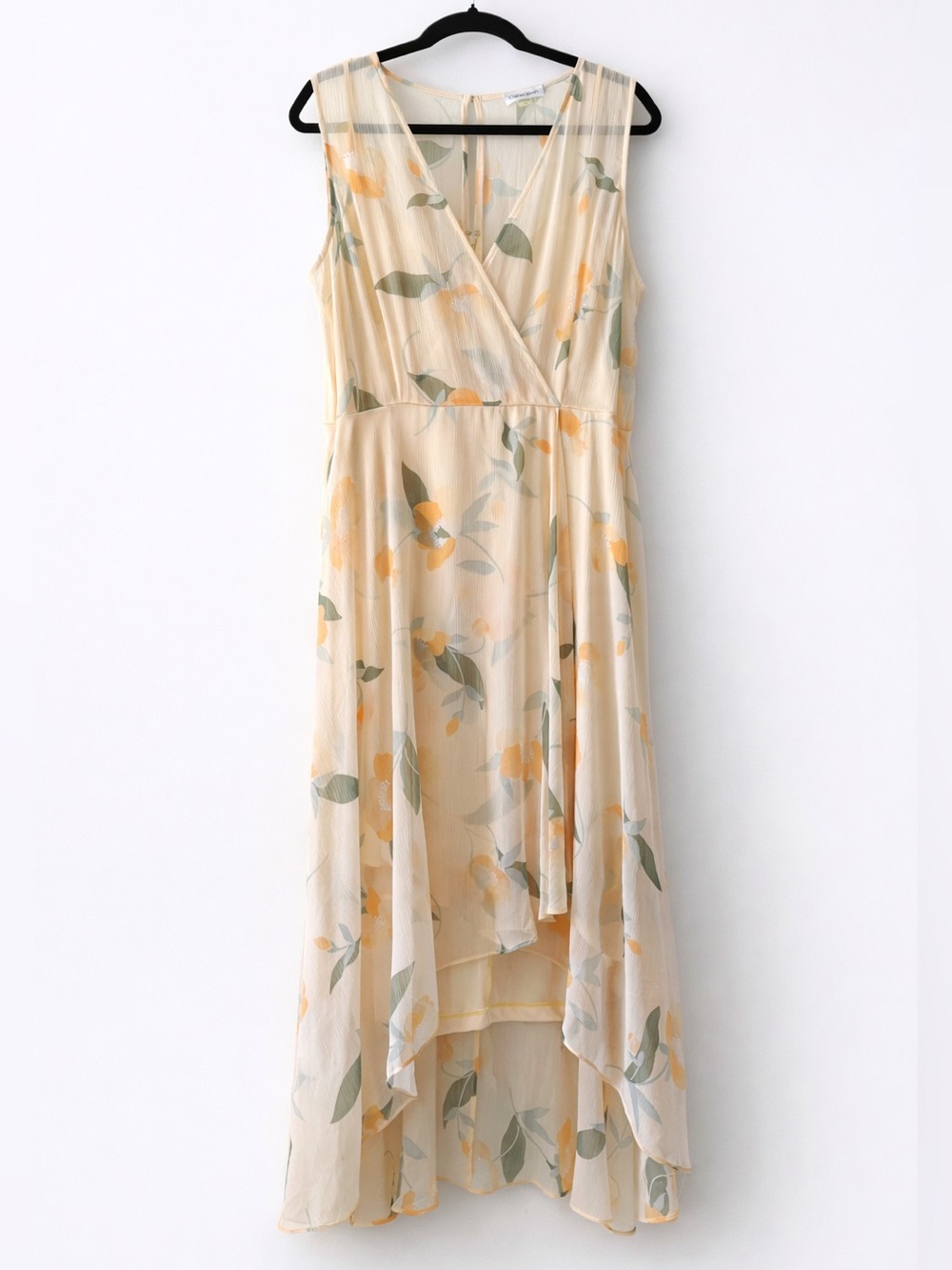NWT Calvin Klein Floral Peach Print Chiffon High-Low Sleeveless Midi Dress